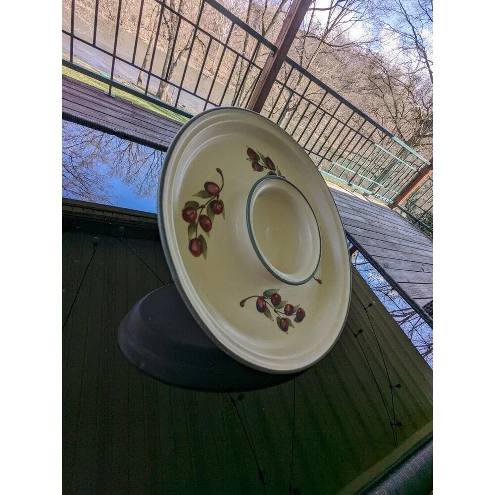 Cranberry Pottery Appetizer Dish With Bowl Attached for Dip Signed KTJ Red Cream